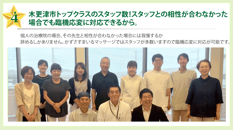 木更津市トップクラスのスタッフ数！スタッフとの相性が合わなかった場合でも
臨機応変に対応できるから。個人の治療院の場合、その先生と相性が合わなかった場合には我慢するか辞めるしかありません。かずさすまいるマッサージではスタッフが多数いますので臨機応変に対応が可能です。