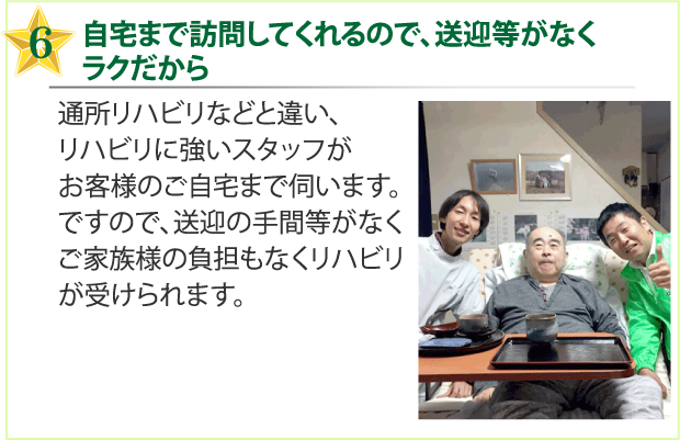自宅まで訪問してくれるので、送迎等がなくラクだから
