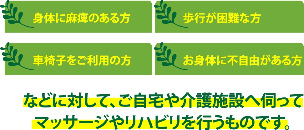 身体に麻痺のある方、歩行が困難な方、車椅子をご利用の方、お身体に不自由がある方などに対して、
    ご自宅や介護施設へ伺ってマッサージやリハビリを行うものです。