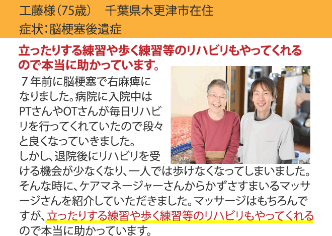 訪問リハビリマッサージ受けてから症状が緩和された！